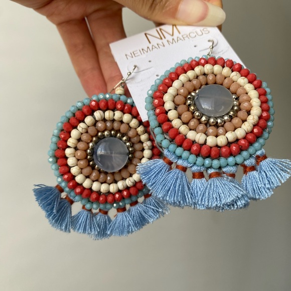 Neiman Marcus Statement Fran Drop Fringe Round Stone Bead Blue Red Cream NWT box - Picture 10 of 15
